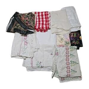Lot of Vtg Hand Stitch Embroidered Floral Flawed Kitchen Dining Decor Tablecloth